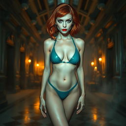 A full body view of a thin Russian girl with red hair styled in a chic bob, featuring enhancements that accentuate her figure