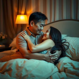 A romantic scene in a softly lit bedroom at night, featuring an older Chinese man with a gentle smile, embracing a gorgeous and sexy woman with long, silky hair