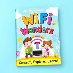 A colorful and engaging children's textbook cover on the topic of WiFi, designed to educate young learners about technology and connectivity