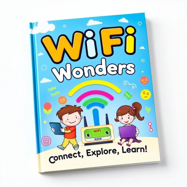 A colorful and engaging children's textbook cover on the topic of WiFi, designed to educate young learners about technology and connectivity