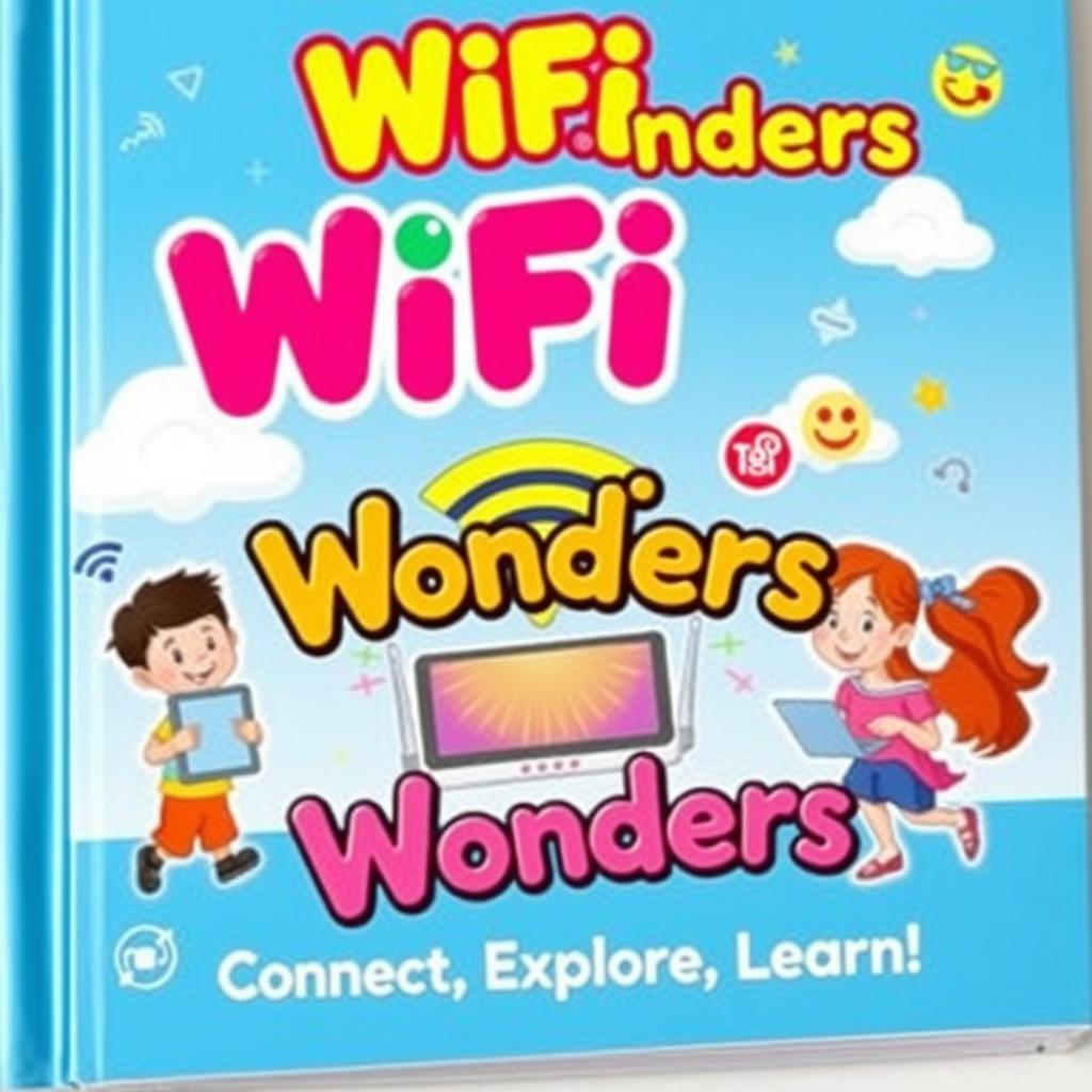 A colorful and engaging children's textbook cover on the topic of WiFi, designed to educate young learners about technology and connectivity