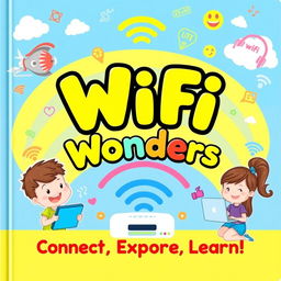 A colorful and engaging children's textbook cover on the topic of WiFi, designed to educate young learners about technology and connectivity