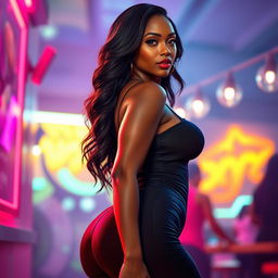 A stunning and curvaceous black woman exuding confidence and allure, dressed in a form-fitting outfit that highlights her figure