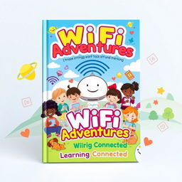 A colorful and engaging children's textbook cover titled 'WiFi Adventures: Learning Connected'