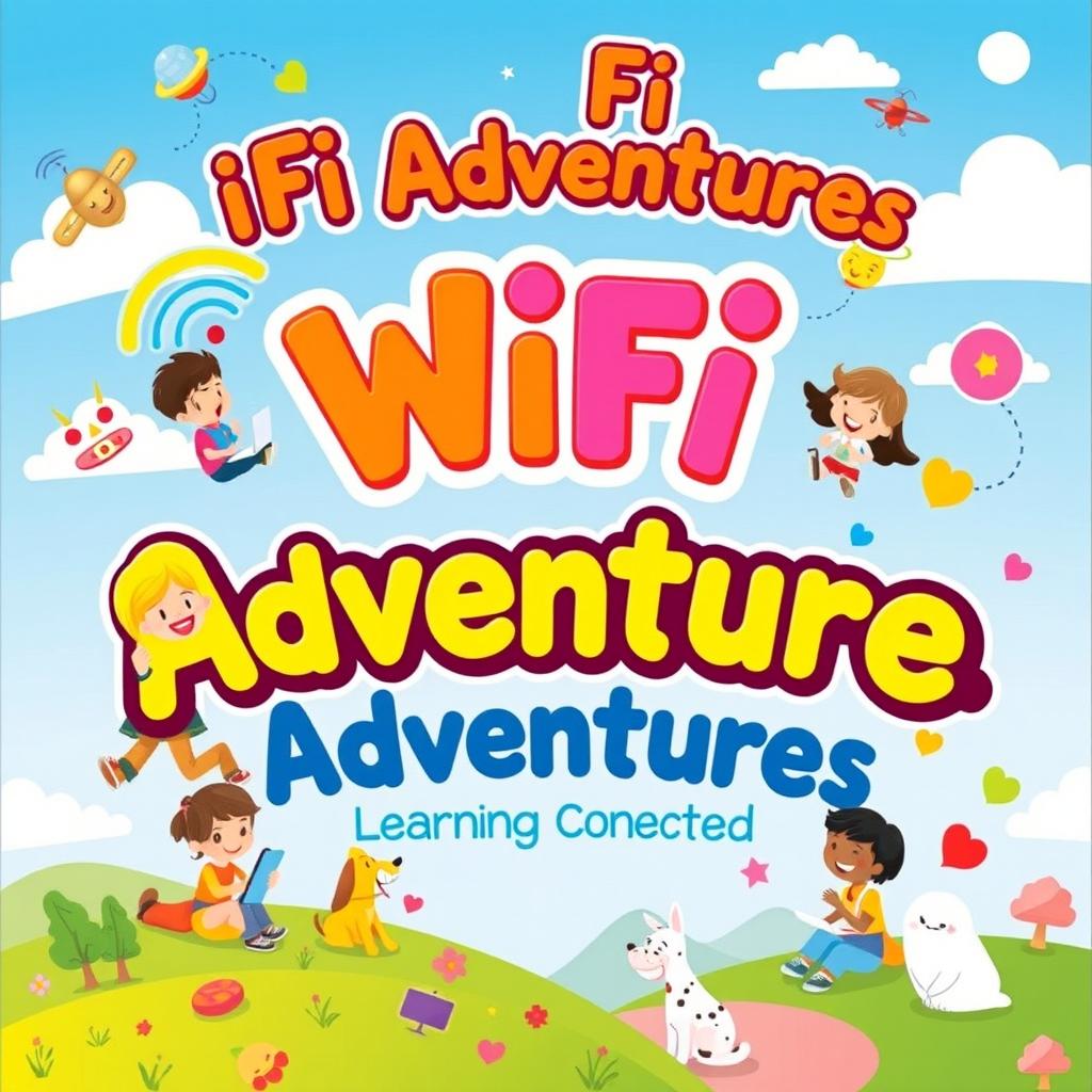 A colorful and engaging children's textbook cover titled 'WiFi Adventures: Learning Connected'