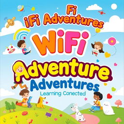 A colorful and engaging children's textbook cover titled 'WiFi Adventures: Learning Connected'