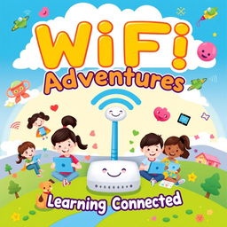 A colorful and engaging children's textbook cover titled 'WiFi Adventures: Learning Connected'
