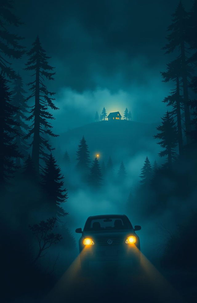 A captivating book cover illustrating a car driving through a dense, fog-filled forest at night