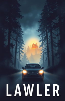 A captivating book cover illustrating a car driving through a dense, fog-filled forest at night
