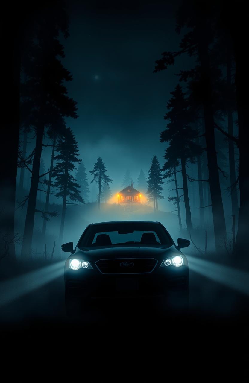 A captivating book cover illustrating a car driving through a dense, fog-filled forest at night