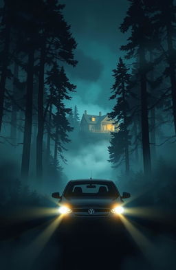 A captivating book cover illustrating a car driving through a dense, fog-filled forest at night