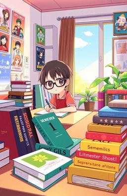Anime style illustration of a vibrant, colorful study space featuring a desk filled with various textbooks and semester books related to different subjects