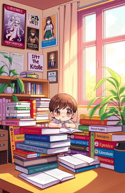 Anime style illustration of a vibrant, colorful study space featuring a desk filled with various textbooks and semester books related to different subjects