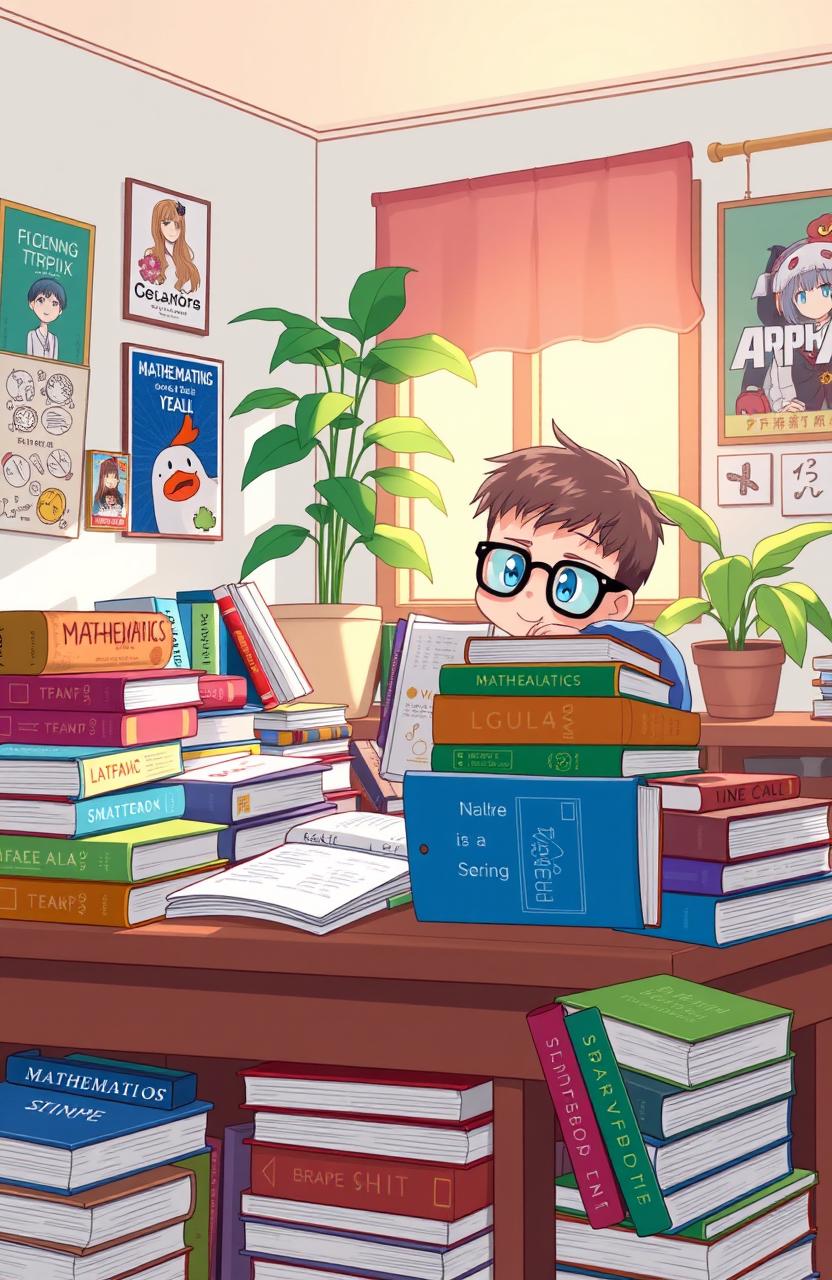 Anime style illustration of a vibrant, colorful study space featuring a desk filled with various textbooks and semester books related to different subjects