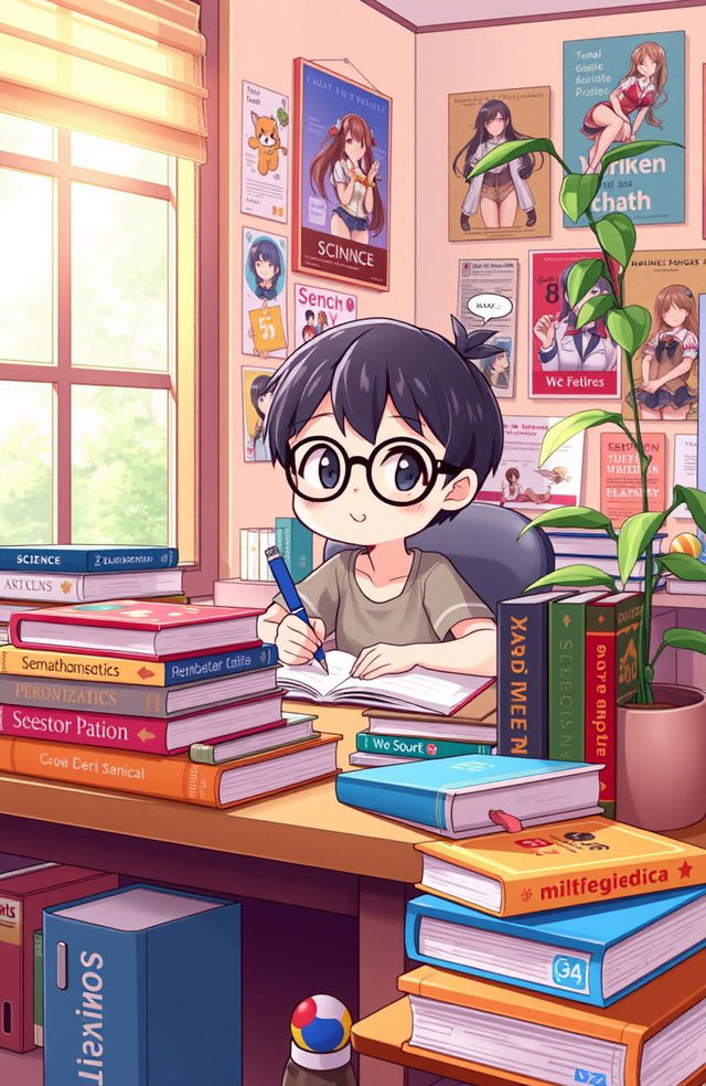 Anime style illustration of a vibrant, colorful study space featuring a desk filled with various textbooks and semester books related to different subjects