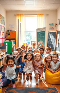 A group of diverse children enthusiastically entering a colorful and welcoming classroom filled with books, educational tools, and inspiring decorations