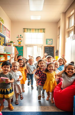 A group of diverse children enthusiastically entering a colorful and welcoming classroom filled with books, educational tools, and inspiring decorations