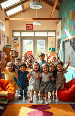A group of diverse children enthusiastically entering a colorful and welcoming classroom filled with books, educational tools, and inspiring decorations