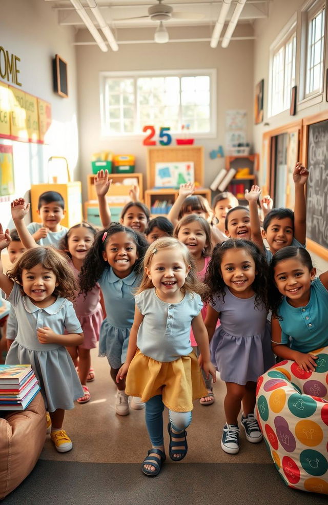 A group of diverse children enthusiastically entering a colorful and welcoming classroom filled with books, educational tools, and inspiring decorations