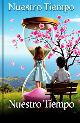 The cover titled 'Nuestro Tiempo' features a large hourglass at the forefront, inside which there is a girl viewed from behind, gazing at a vast blue sea from a hilltop