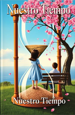 The cover titled 'Nuestro Tiempo' features a large hourglass at the forefront, inside which there is a girl viewed from behind, gazing at a vast blue sea from a hilltop