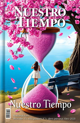 The cover titled 'Nuestro Tiempo' features a large hourglass at the forefront, inside which there is a girl viewed from behind, gazing at a vast blue sea from a hilltop