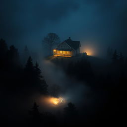 A visually striking book cover showcasing a side aerial view of a car traveling through a dense forest at night