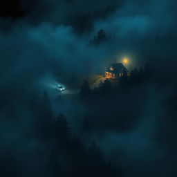 A visually striking book cover showcasing a side aerial view of a car traveling through a dense forest at night
