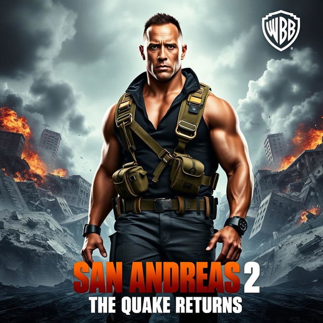 An eye-catching movie poster for 'San Andreas 2: The Quake Returns', featuring Dwayne Johnson as the central character in an action-packed pose