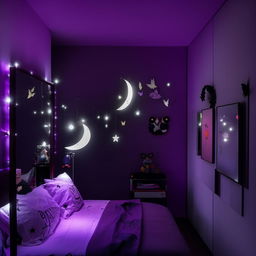 A modern room for an 18-year-old balancing tomboy and girly aesthetics, decorated in hues of purple, black, white, grey, and illuminated with fairy, moon, star lights. The room has influences from anime, kdrama, and Sanatan Dharma, with a butterfly mirror wall décor kept minimalist.