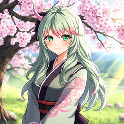 A stunning portrait of Mitsuri Kanroji from 'Demon Slayer', a beautiful woman with long, wavy green hair featuring pink tips