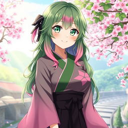 A stunning portrait of Mitsuri Kanroji from 'Demon Slayer', a beautiful woman with long, wavy green hair featuring pink tips