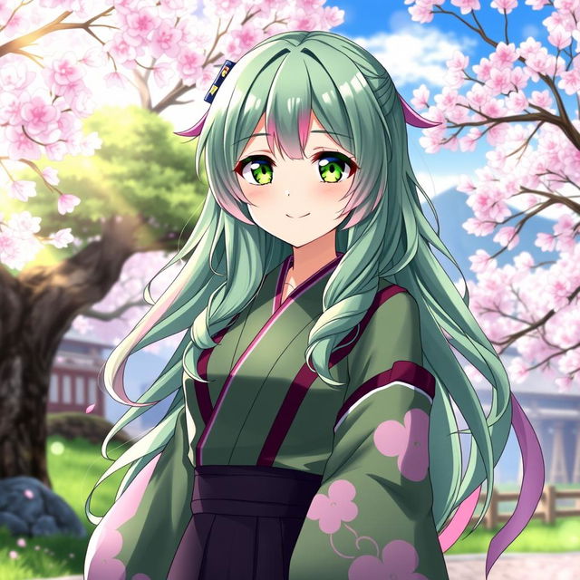 A stunning portrait of Mitsuri Kanroji from 'Demon Slayer', a beautiful woman with long, wavy green hair featuring pink tips