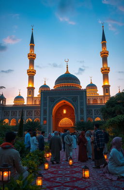 An expansive and enriching visual representation of Islamic culture and theology, showcasing a beautiful mosque with intricate geometric patterns and vibrant tile work