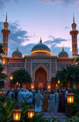 An expansive and enriching visual representation of Islamic culture and theology, showcasing a beautiful mosque with intricate geometric patterns and vibrant tile work