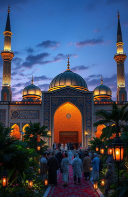 An expansive and enriching visual representation of Islamic culture and theology, showcasing a beautiful mosque with intricate geometric patterns and vibrant tile work