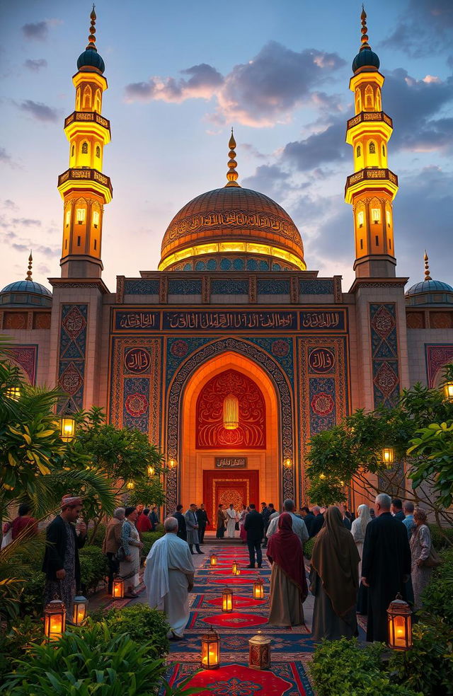 An expansive and enriching visual representation of Islamic culture and theology, showcasing a beautiful mosque with intricate geometric patterns and vibrant tile work