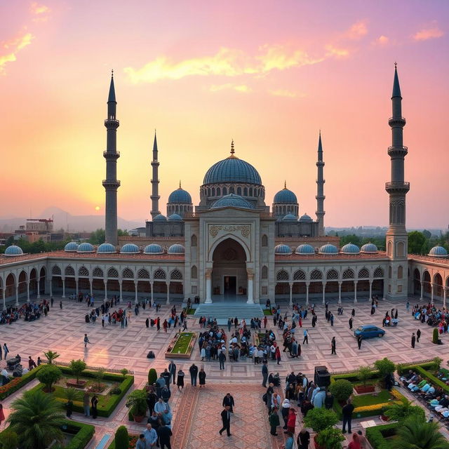 A stunning panoramic view of a grand mosque, showcasing its magnificent architecture with high domes and elegant minarets