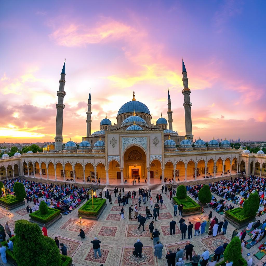 A stunning panoramic view of a grand mosque, showcasing its magnificent architecture with high domes and elegant minarets