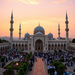 A stunning panoramic view of a grand mosque, showcasing its magnificent architecture with high domes and elegant minarets