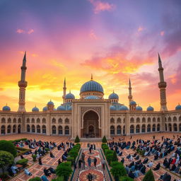 A stunning panoramic view of a grand mosque, showcasing its magnificent architecture with high domes and elegant minarets