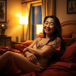 An old Chinese man with kind eyes and a gentle smile, embracing a beautiful and sexy woman in a cozy bedroom at night