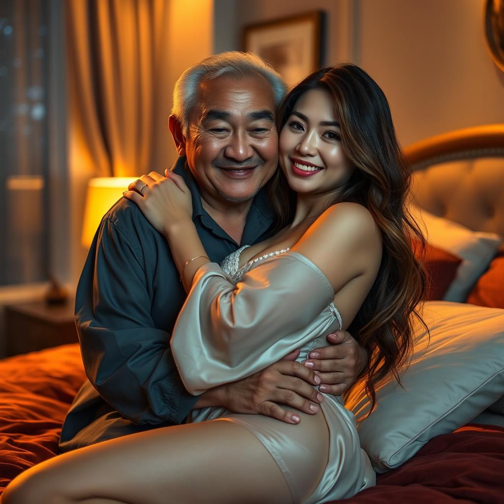 An old Chinese man with kind eyes and a gentle smile, embracing a beautiful and sexy woman in a cozy bedroom at night