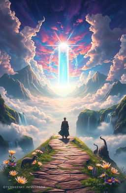 A breathtaking fantasy landscape titled 'Eternal Sky: The Path of the Immortal', showcasing a vast horizon filled with ethereal clouds and a vibrant, otherworldly sky
