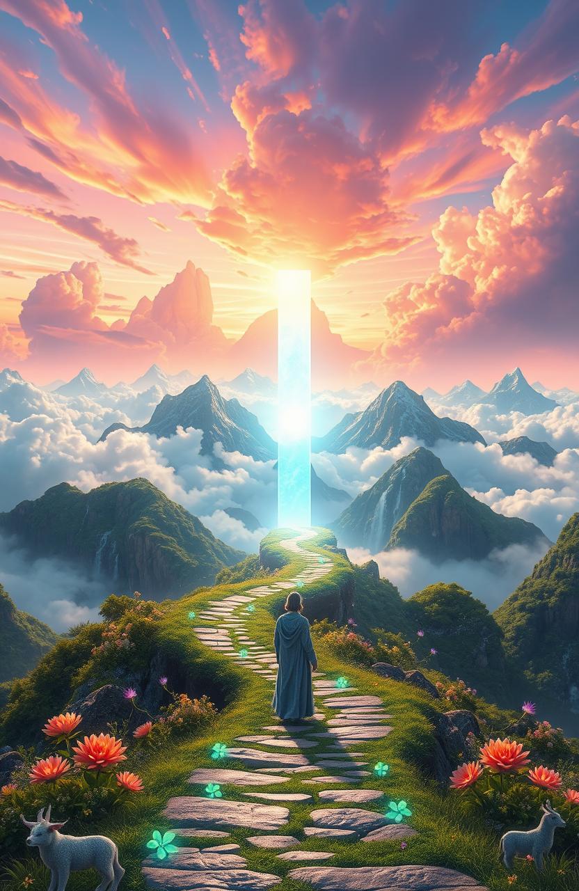 A breathtaking fantasy landscape titled 'Eternal Sky: The Path of the Immortal', showcasing a vast horizon filled with ethereal clouds and a vibrant, otherworldly sky