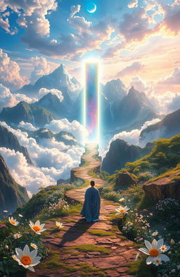 A breathtaking fantasy landscape titled 'Eternal Sky: The Path of the Immortal', showcasing a vast horizon filled with ethereal clouds and a vibrant, otherworldly sky