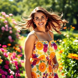 A curvy woman with a confident and playful expression, wearing a stylish and vibrant summer dress, standing in a sunlit park filled with blooming flowers
