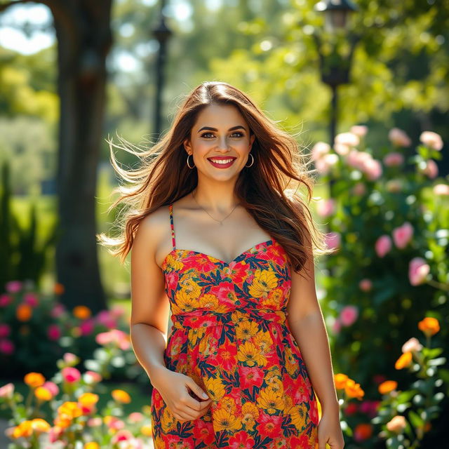 A curvy woman with a confident and playful expression, wearing a stylish and vibrant summer dress, standing in a sunlit park filled with blooming flowers