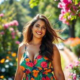 A curvy woman with a confident and playful expression, wearing a stylish and vibrant summer dress, standing in a sunlit park filled with blooming flowers