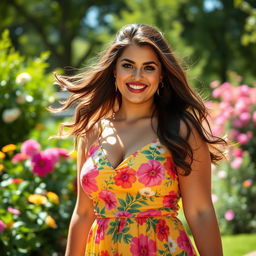 A curvy woman with a confident and playful expression, wearing a stylish and vibrant summer dress, standing in a sunlit park filled with blooming flowers